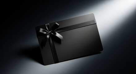 Elegant black gift card with sleek black ribbon, perfect for any occasion, exuding sophistication and style. Ideal for gifting and special moments