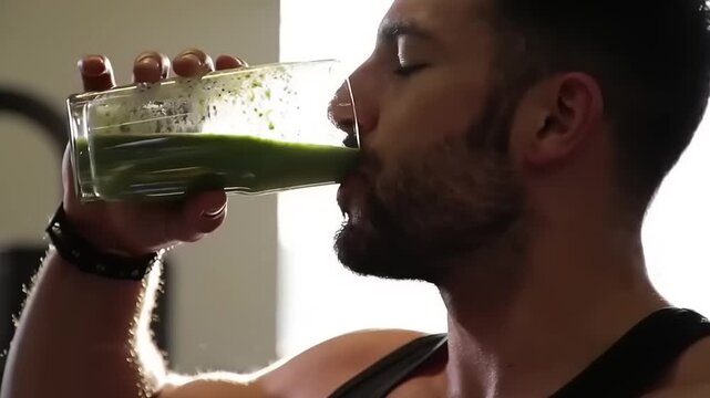 Man drinking green smoothie.