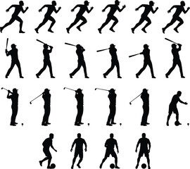 Obraz premium Silhouette athletes performing running, baseball swinging, golf hitting, and soccer movements, dynamic sports action icons for fitness, training, activity illustrations
