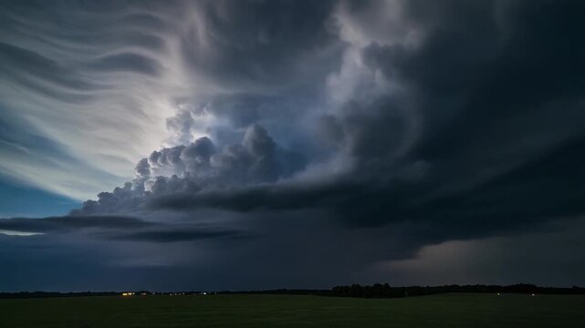 A powerful and dramatic supercell thunderstorm dominates the night sky, with internal lightning illuminating its turbulent, sculpted cloud structure