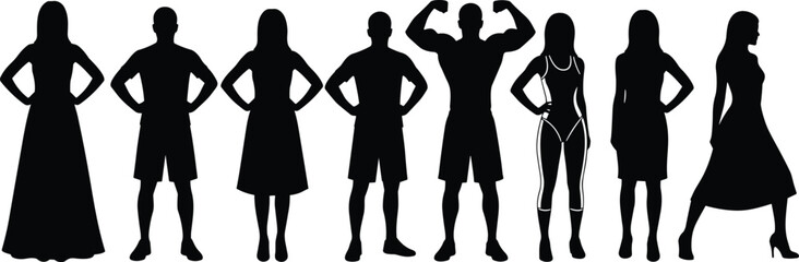 Silhouette collection of diverse men and women standing in various poses, fashion figures and fitness outlines for design, illustration, and artwork use
