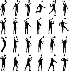Silhouette collection of volleyball player jumping, serving, hitting and spiking ball, dynamic athletic poses showing sports action, energy and competitive movement
