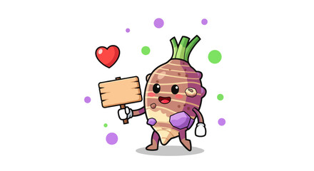 Fototapeta premium Charming Taro Root Mascot Holding A Sign With Love Heart Decorations