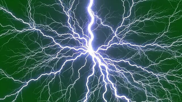 Dynamic lightning storm strikes with intense energy against a dark green sky, perfect for dramatic weather footage or powerful special effects