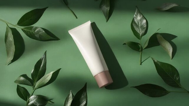 Elegant white cosmetic cream tube beautifully surrounded by fresh green leaves on a vibrant emerald background, highlighting natural organic skincare and wellness product concepts