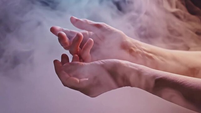 Close-up of delicate hands interacting with swirling atmospheric vapor, artistic and emotive, soft dramatic lighting, abstract background