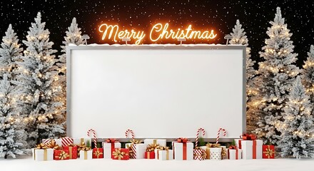 Blank festive billboard surrounded by snow-covered pine trees and holiday gifts, perfect for your winter season greeting or advertisement message