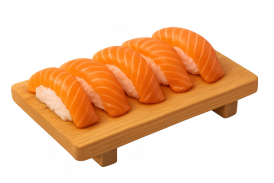 Salmon nigiri sushi pieces on wooden board