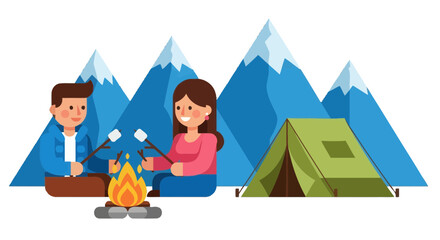 Fototapeta premium Couple Roasting Marshmallows Near a Campfire With Mountains in the Background