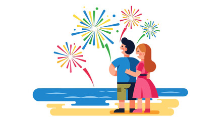 Couple Watching Fireworks Display On The Beach During a Celebratory Event