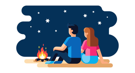 Couple Watching Stars Beside A Campfire Under A Dark Sky Embracing Together
