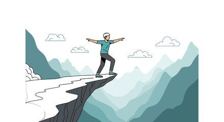 Courageous Person Balancing on Cliff Edge, Overlooking Majestic Mountain Range