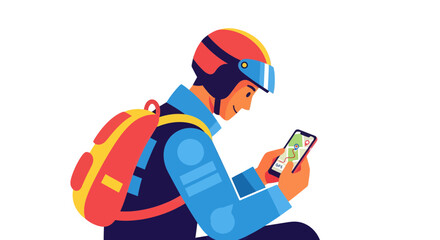 Courier Using Navigation on Smartphone for Package Delivery Against a Black Background