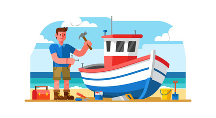 Craftsman Repairing His Boat Near Beach, Hammering Nails With Tools Cartoon Illustration
