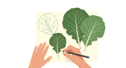 Creating Botanical Art: A Hand Sketches Green Leafy Vegetables For Food Illustration