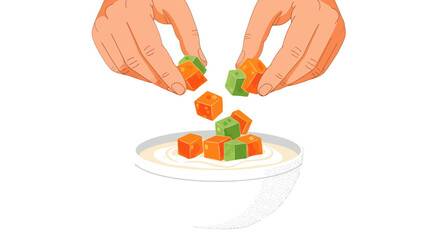 Creative Arrangement of Cubed Elements Being Added Into a Bowl for Culinary Delight