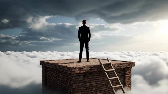 A pixelated brick structure in cloudy sky with a man standing, wearing black suit, captured in silhouette. The image depicts themes of ambition and high aspirations.