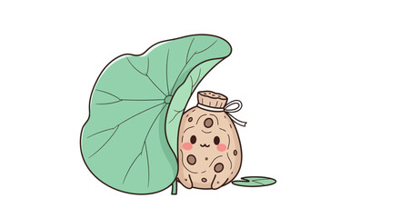 Cute Cartoon Bag And Lotus Leaf On Black Background Illustration