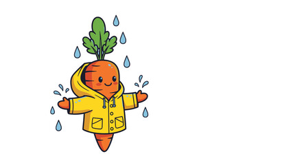 Cute Cartoon Carrot in Yellow Raincoat Enjoying the Rainfall Isolated on Black