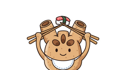 Cute Cartoon Character Enjoying Sushi with Chopsticks on Black Background