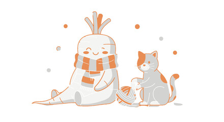 Cute Cartoon Cat Plays With Yarn Beside a Smiling Carrot Character Illustration