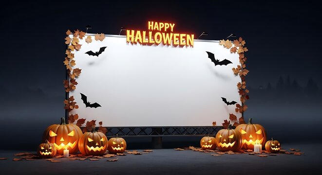 Festive Halloween night scene featuring a glowing sign, spooky jack-o'-lanterns, and a blank billboard for custom holiday messages or invitations
