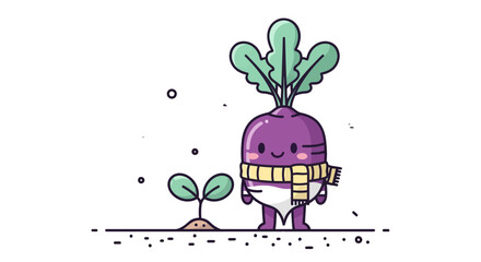Cute Cartoon Vegetable With A Smiling Expression And A Young Plant Adjacent To It