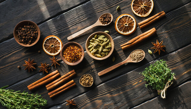 Holiday spices and herbs flat lay on dark wood background