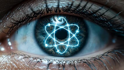 Detailed close-up of a human eye with an overlayed glowing atom symbol, showcasing intricate iris patterns and eyelashes, under studio lighting against a dark backdrop. - Powered by Adobe