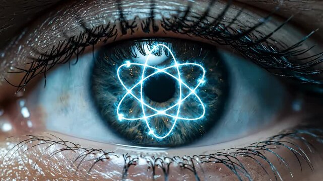 Detailed close-up of a human eye with an overlayed glowing atom symbol, showcasing intricate iris patterns and eyelashes, under studio lighting against a dark backdrop.