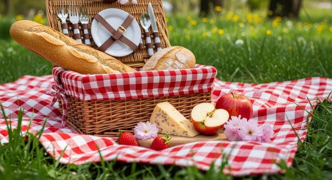 Classic Red and White Gingham Picnic Basket with French Bread Cheese and Fruit on Lush Green Grass