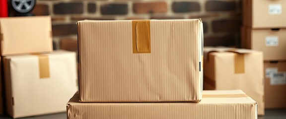 A sturdy brown cardboard box, sealed and ready for shipping, brown, sustainable