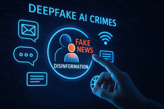Deepfake ai crimes highlight dangers of fake news and disinformation spreading through digital communication with hand pointing at icons