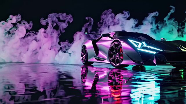 Experience the vibrant power of a futuristic supercar in this mesmerizing video. The car dazzles with neon lights and reflections against a backdrop of colorful smoke and mist.