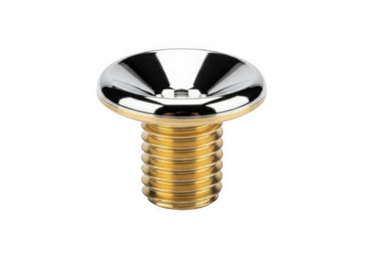 Shiny brass screw with wide countersunk head isolated on transparent background