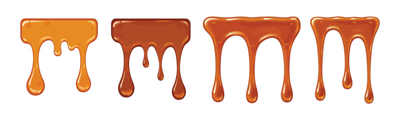 Set of realistic dripping caramel, sweet sauce, and honey flows isolated on a white background