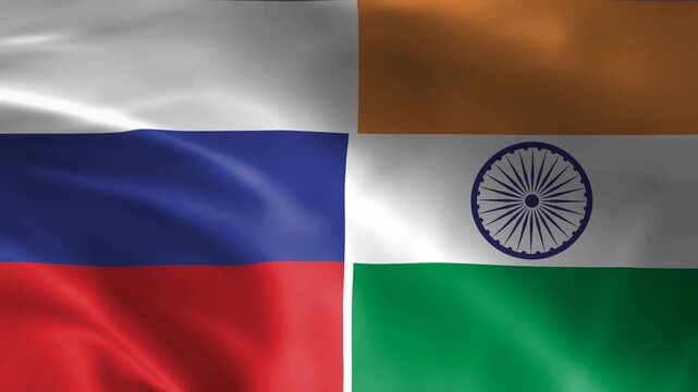 High detailed National flag of Russia and India waving. Realistic Slow Motion Animation. 4K Loop Motion Graphics