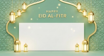 Elegant Eid al-Fitr Celebration Background with Golden Lanterns and Ornate Arch, Featuring a Customizable White Space for Festive Greetings and Messages
