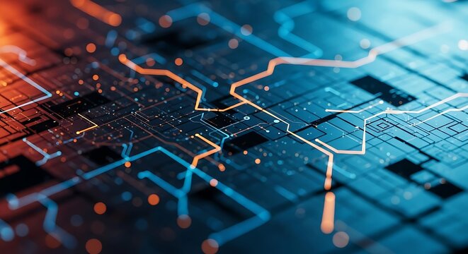 Abstract Digital Circuit Board Visualization Featuring Glowing Orange and Blue Data Lines Moving Across a Futuristic Grid Structure Representing High Speed Information Transfer and Modern Te