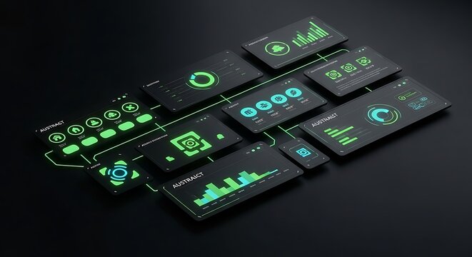High Technology Data Visualization Concept Featuring Interconnected Glowing Green and Cyan UI-UX Dashboard Elements on a Deep Black Background for Modern Business Intelligence Analytics