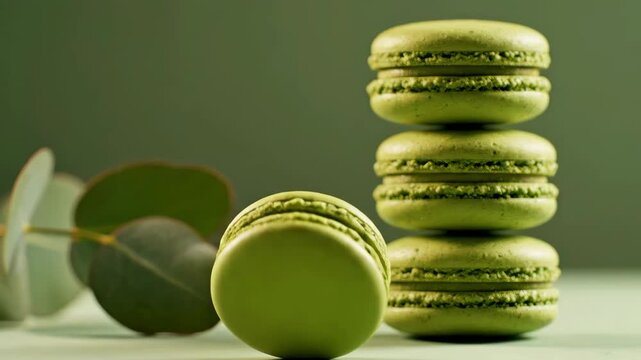 A close-up shot features a stack of vibrant green macarons against a matching green backdrop. Eucalyptus leaves add a touch of natural elegance to this still life.