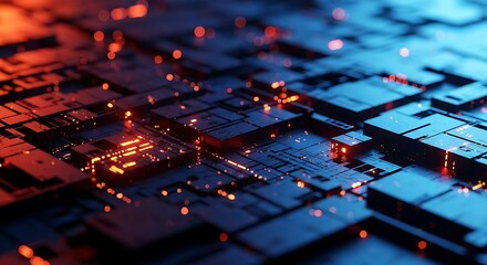 High-Speed Data Flow Across Abstract Digital Microchip Surface Featuring Bright Orange Glowing Cubes and Blue Background Illumination Indicating Advanced Computer Processing Technology