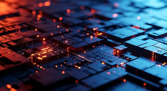 High-Speed Data Flow Across Abstract Digital Microchip Surface Featuring Bright Orange Glowing Cubes and Blue Background Illumination Indicating Advanced Computer Processing Technology - Powered by Adobe