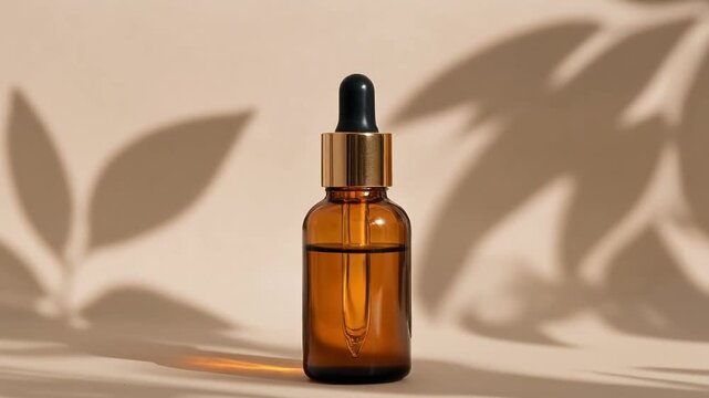 Amber dropper bottle for natural skincare or essential oils, enhanced by elegant leaf shadows on a neutral background, symbolizing pure beauty and wellness concepts