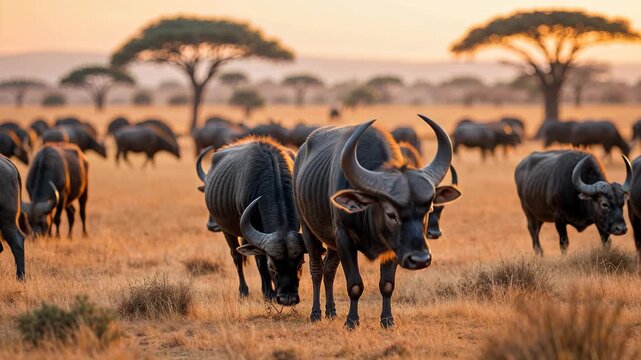 Alert Uganda Kob Among African Buffalo Herd Grazing in Golden Savanna at Dawn