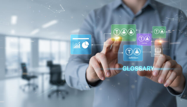 Data foundation quality. ai transformation business glossary interface with professional touching digital icons offering modern workflow