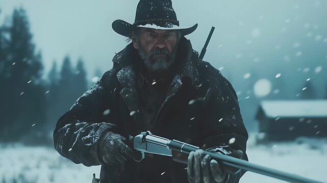 Rugged Hunter Aiming Rifle in Snowy Winter Wilderness