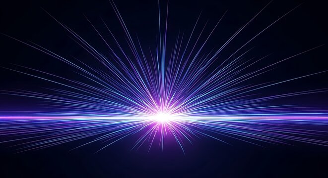 Futuristic Digital Light Explosion Radiating Bright Blue And Purple Energy Lines Across A Dark Cosmic Background Representing High Speed Data Transfer Technology And Modern Communication Net