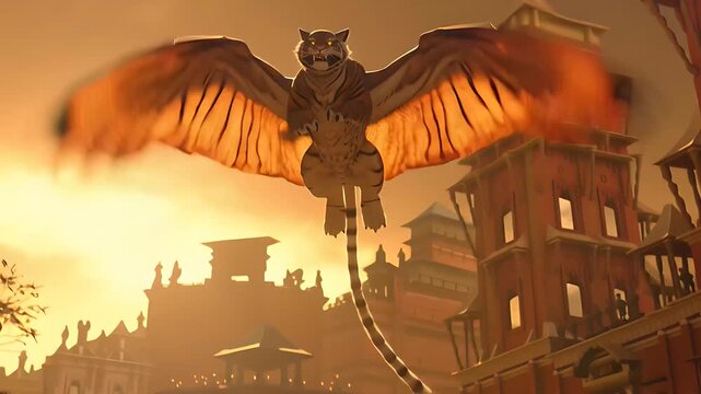 Mythical Tiger Monster Attacking Crowded City at Dusk