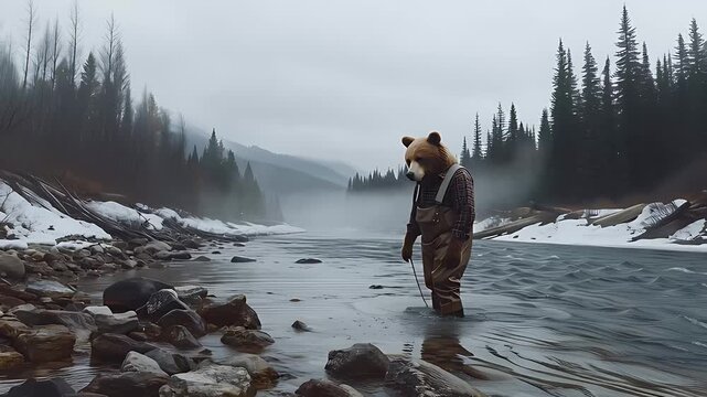 Surreal Bear-Man Fishing in Misty Mountain River